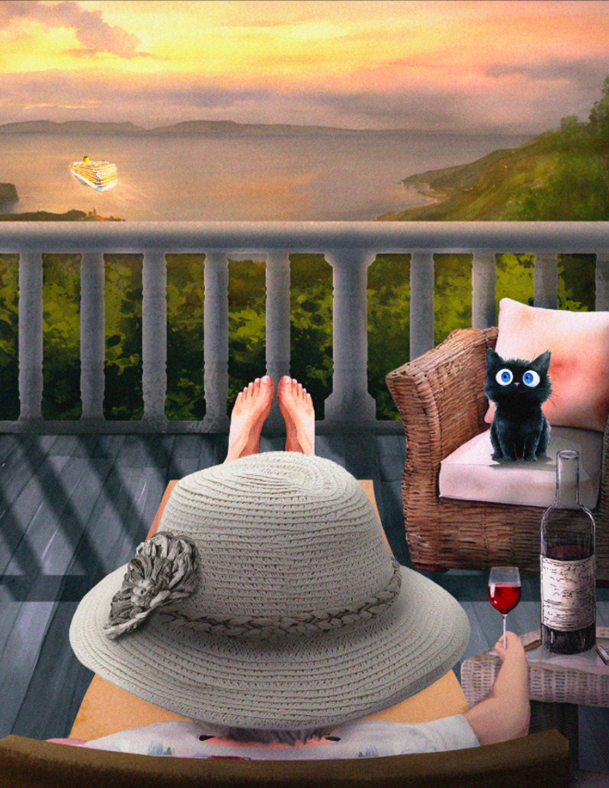 Illustration of a woman in a sun hat relaxing on a balcony at sunset, with a black kitten, a glass of red wine, and a cruise ship on the bay