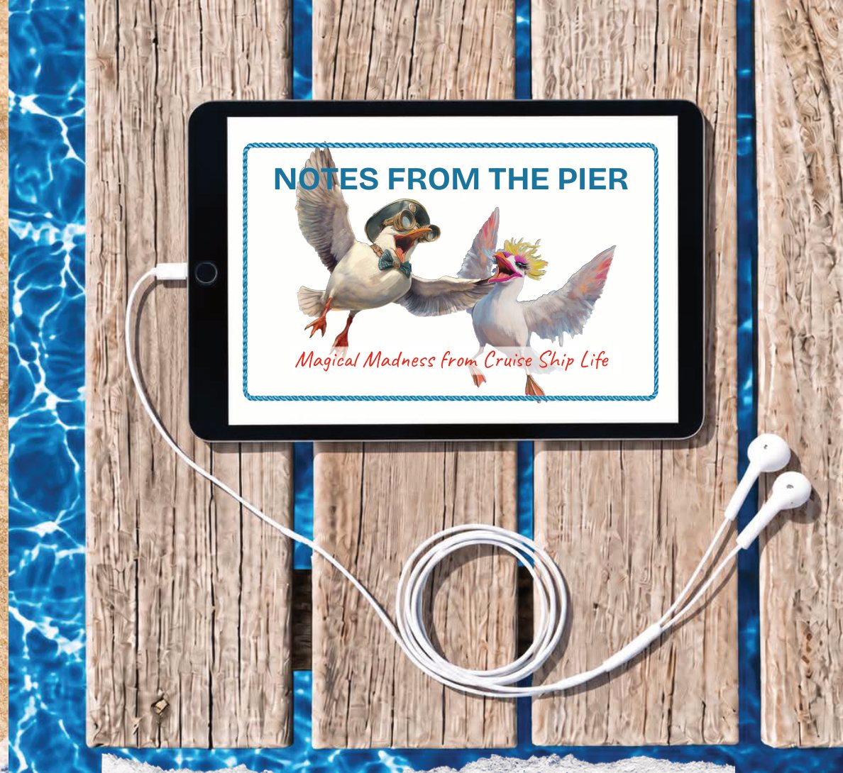The Notes From The Pier audiobook on a tablet on a wooden pier