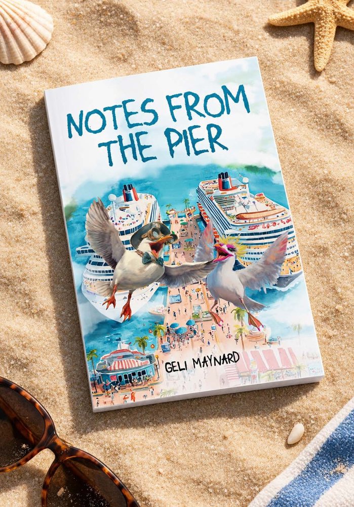The Notes From The Pier book lying on the sand